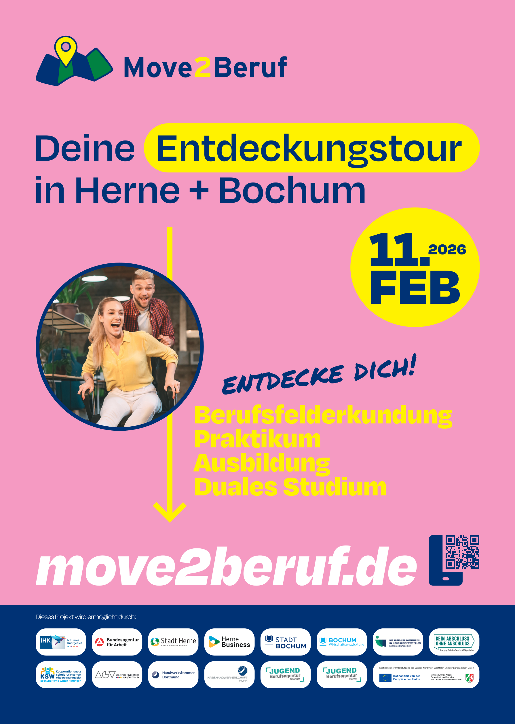 Ein Plakat, dass auf die Veranstaltung Move2Beruf hinweist. Die Informationsdichte ist geringer, als die im nachfolgenden Text.